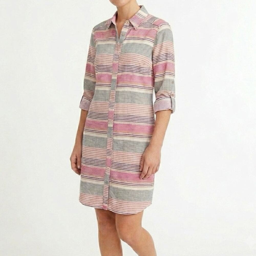 Hutch Multicolor Striped Roll Tab Sleeve Linen Blend Shirt Dress Size M